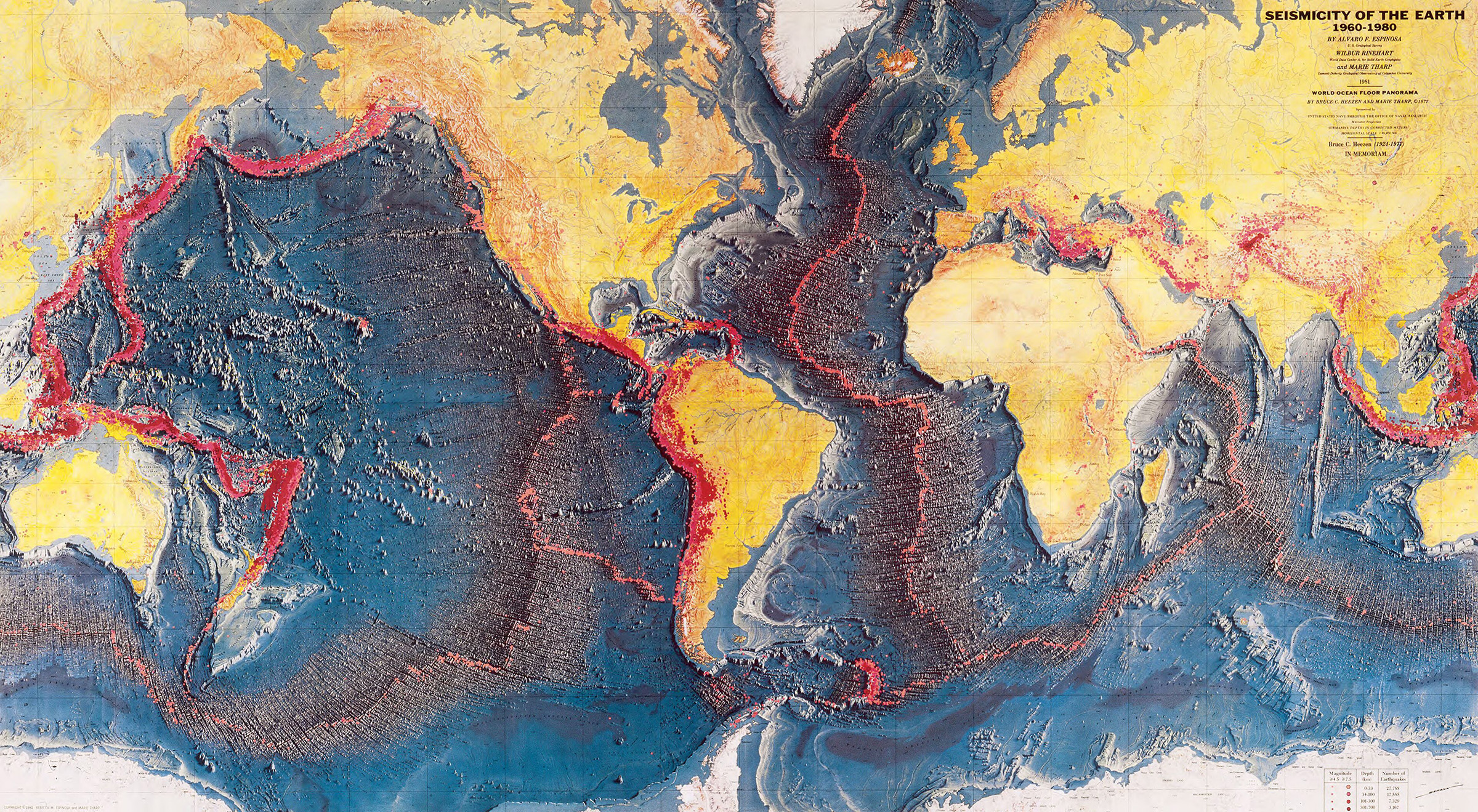 A version of the World Ocean Floor map with earthquakes plotted in red, which trace mid-ocean ridges and tectonic plate boundaries.