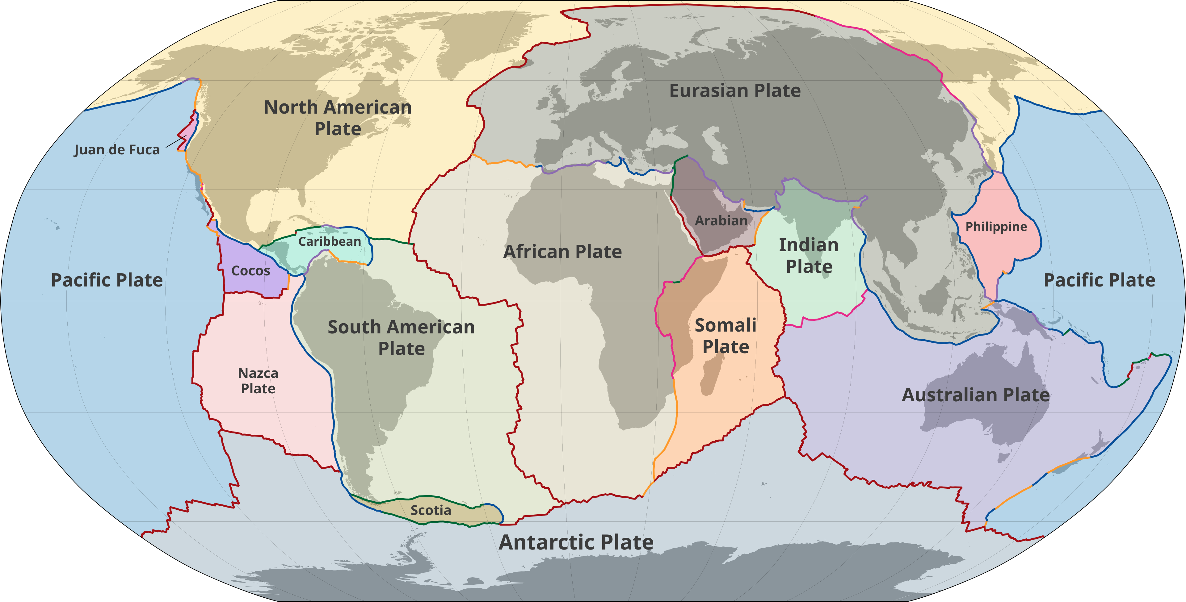 An illustration of a world map showing the outlines of Earth's tectonic plates.